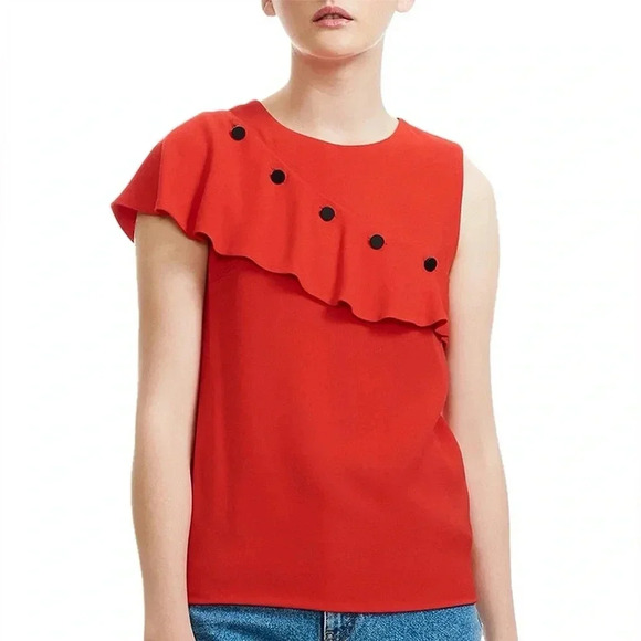 NWT Maje Lorena Red Ruffled Sleeveless Top. Size 3 - Picture 1 of 7
